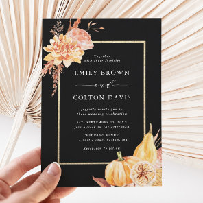 Fall Floral Pumpkin Rustic Wedding Black Invitation