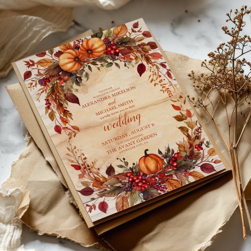 Fall Floral Pumpkin Rustic Wedding Invitation