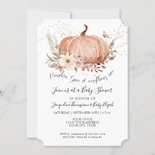 Fall Floral Pumpkin Sage Green Gold Baby Shower Invitation