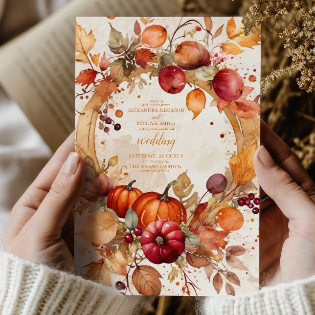 Fall Floral Pumpkin Scrip Wedding Invitation (Creator Uploaded)