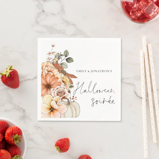 Fall Floral Pumpkin Script Halloween Soirée  Napkins (Insitu)