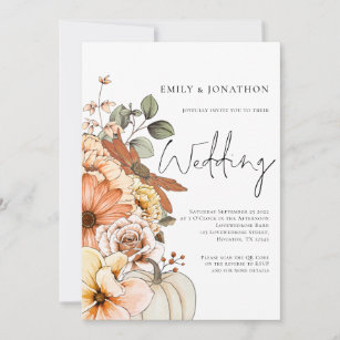 Fall Floral Pumpkin Script QR Code Wedding Invitat Invitation