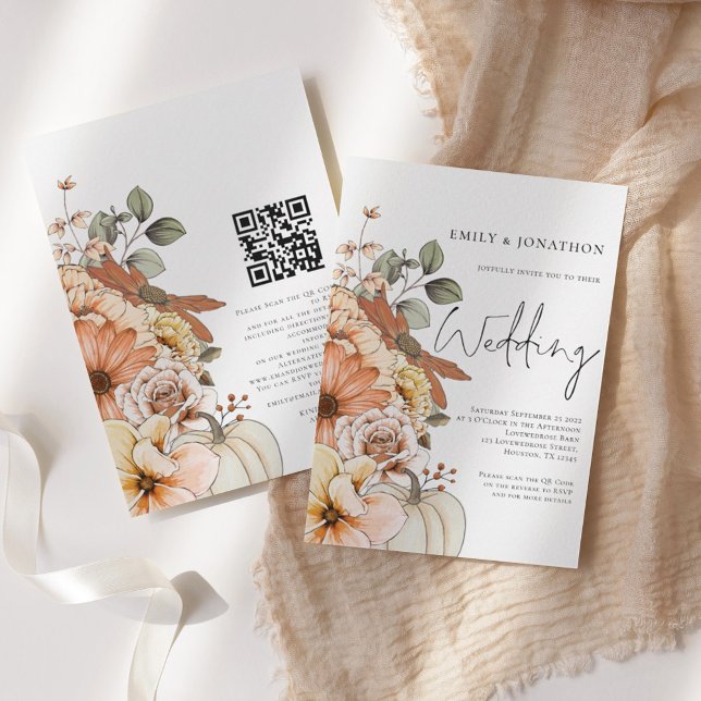 Fall Floral Pumpkin Script QR Code Wedding Invitat Invitation (Creator Uploaded)