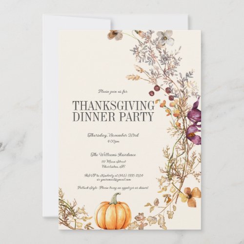 Fall Floral Pumpkin Thanksgiving Dinner Party Invitation