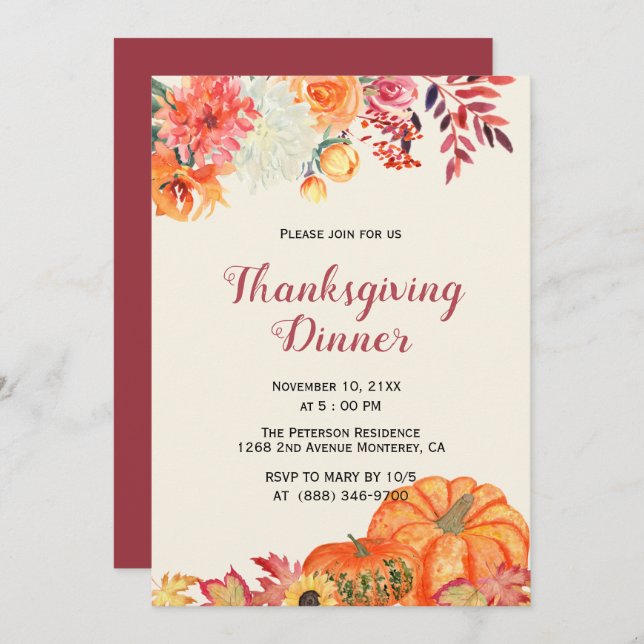 Fall Floral Pumpkin Thanksgiving Invitations (Front/Back)