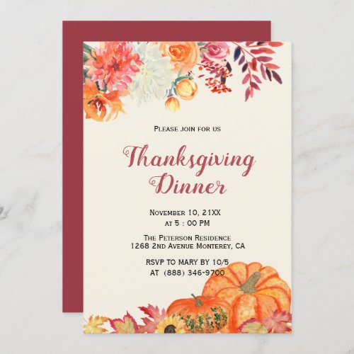 Fall Floral Pumpkin Thanksgiving Invitations