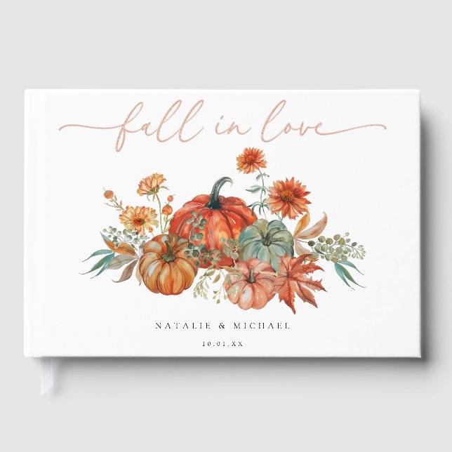 Fall Floral Pumpkin Wedding Foil Guest Book (Front)