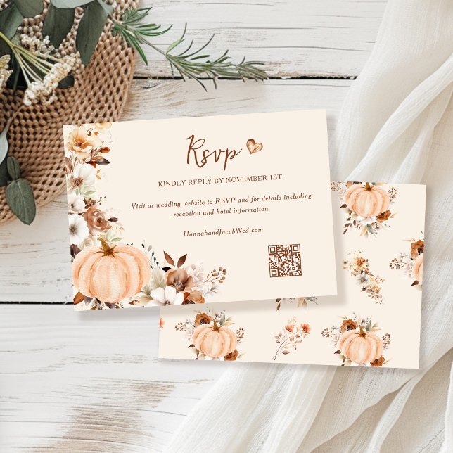 Fall Floral Pumpkin Wedding QR Code RSVP Card (Creator Uploaded)