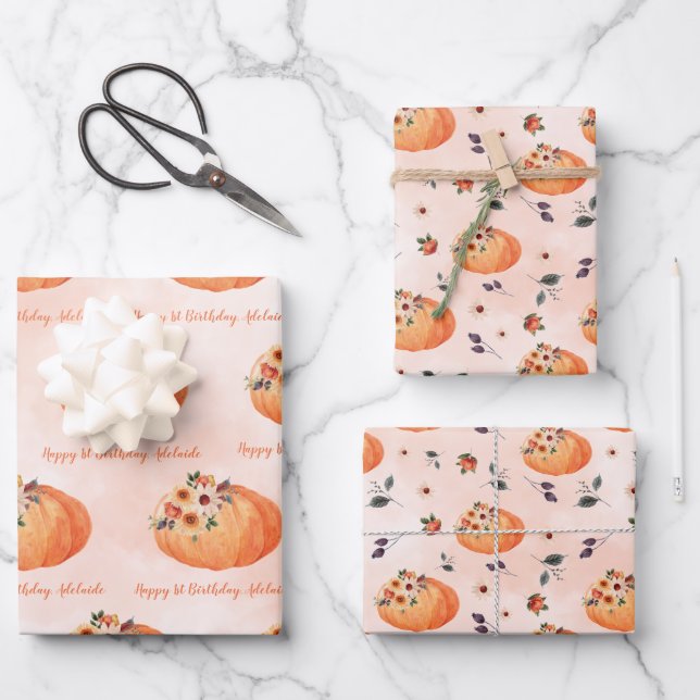Fall Floral Pumpkin with Name Wrapping Paper Sheet (Front)