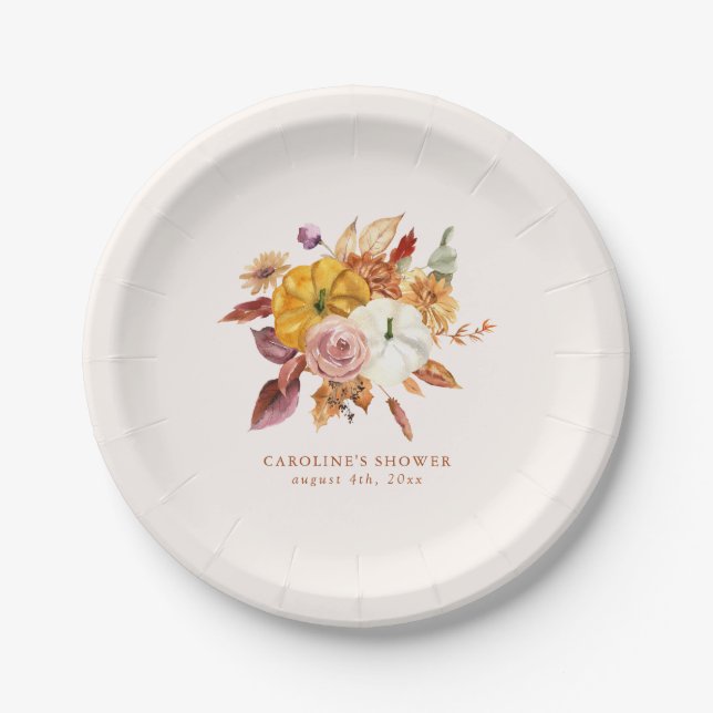 Fall Floral & Pumpkins Baby Shower Paper Plates (Front)