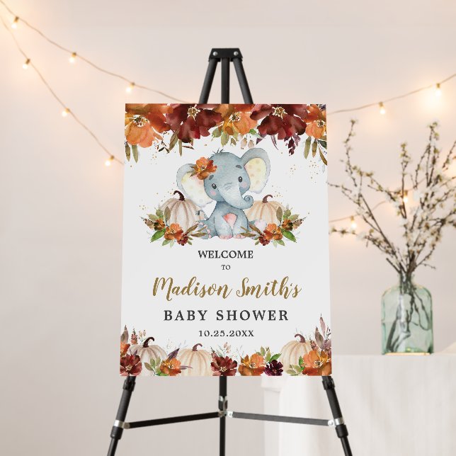 Fall Floral Pumpkins Cute Elephant Baby Shower   Foam Board (In Situ (Stand))
