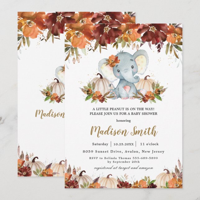 Fall Floral Pumpkins Cute Elephant Baby Shower   Invitation (Front/Back)