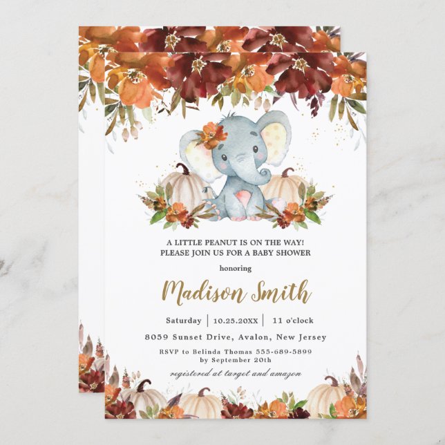 Fall Floral Pumpkins Cute Elephant Baby Shower   Invitation (Front/Back)