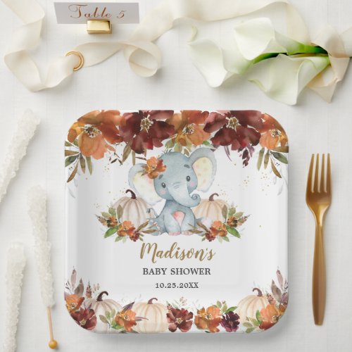 Fall Floral Pumpkins Cute Elephant Baby Shower  Pa Paper Plates
