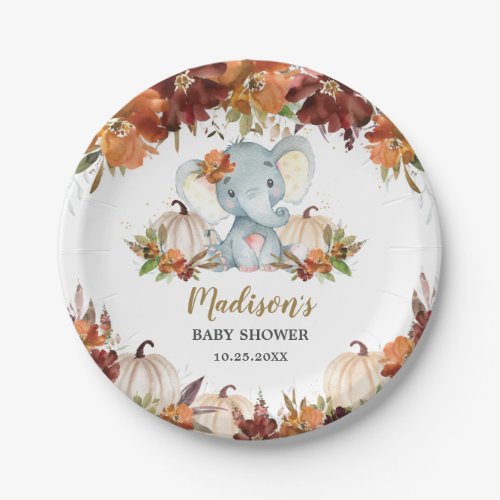 Fall Floral Pumpkins Cute Elephant Baby Shower  Paper Plates