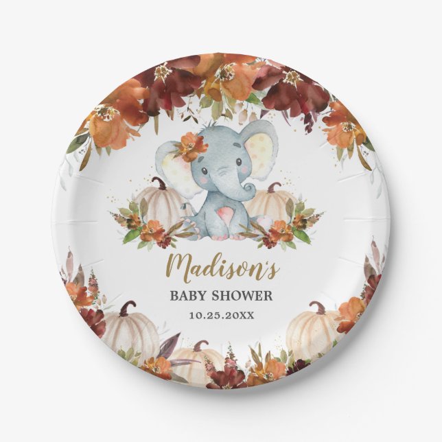 Fall Floral Pumpkins Cute Elephant Baby Shower  Paper Plates (Front)