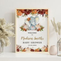 Fall Floral Pumpkins Cute Elephant Baby Shower   Poster