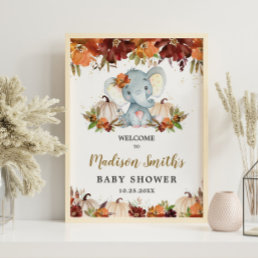 Fall Floral Pumpkins Cute Elephant Baby Shower   Poster