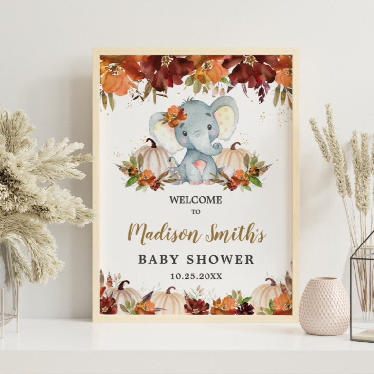 Fall Floral Pumpkins Cute Elephant Baby Shower   Poster