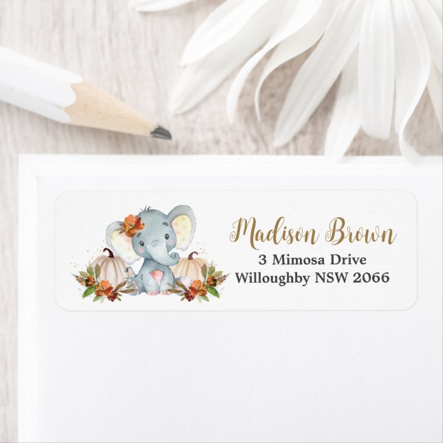 Fall Floral Pumpkins Cute Elephant Return Address  Label (Insitu)