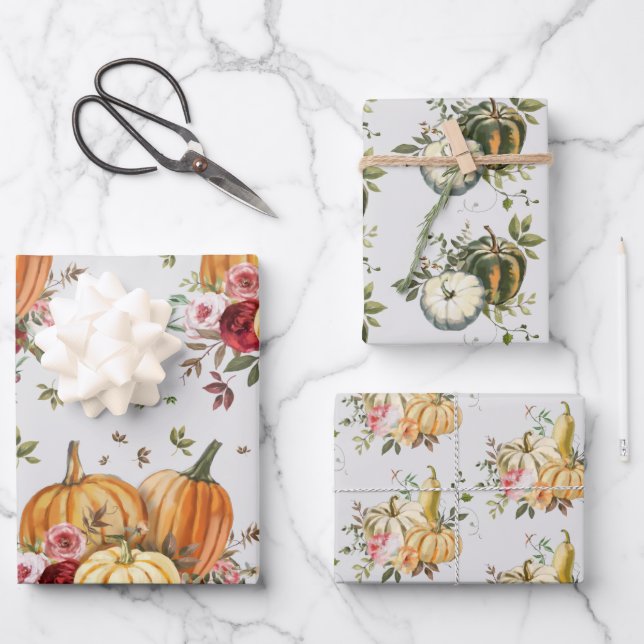 Fall Floral Pumpkins Eucalyptus Leaves Greenery Wrapping Paper Sheets (Front)