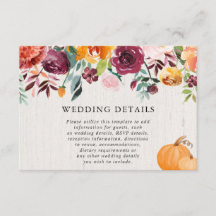 Fall floral pumpkins watercolor wedding details enclosure card