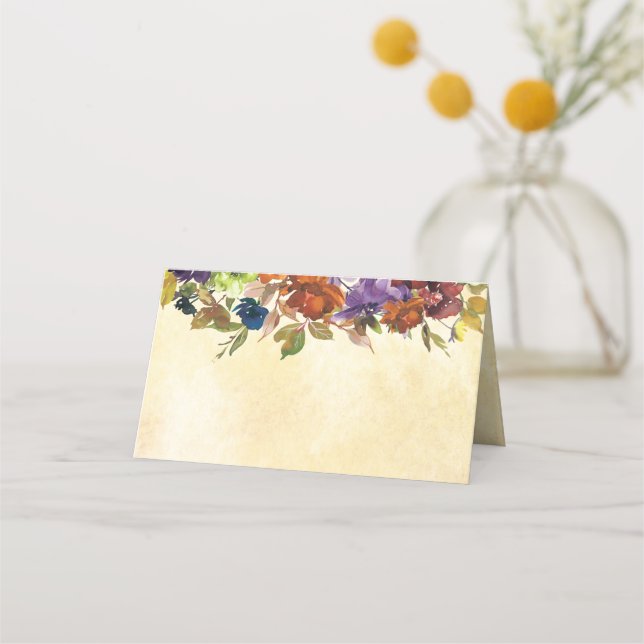 Fall Floral Purple Burnt Orange Yellow Place Card (Front)