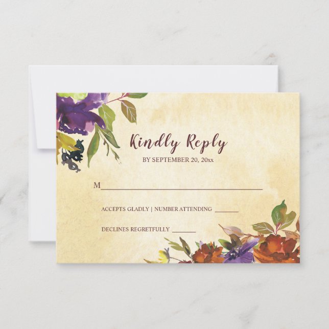 Fall Floral Purple Burnt Orange Yellow Wedding RSVP Card (Front)