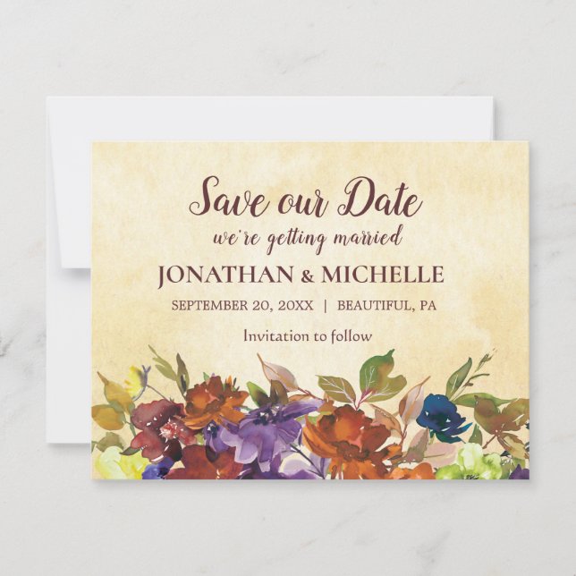 Fall Floral Purple Burnt Orange Yellow Wedding Save The Date (Front)