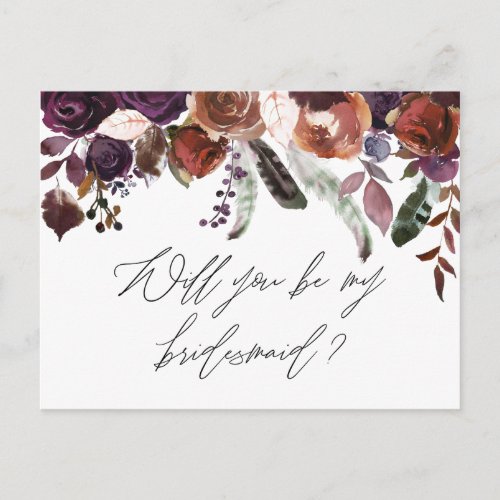 Fall Floral Purple Will You Be My Bridesmaid Invitation Postcard