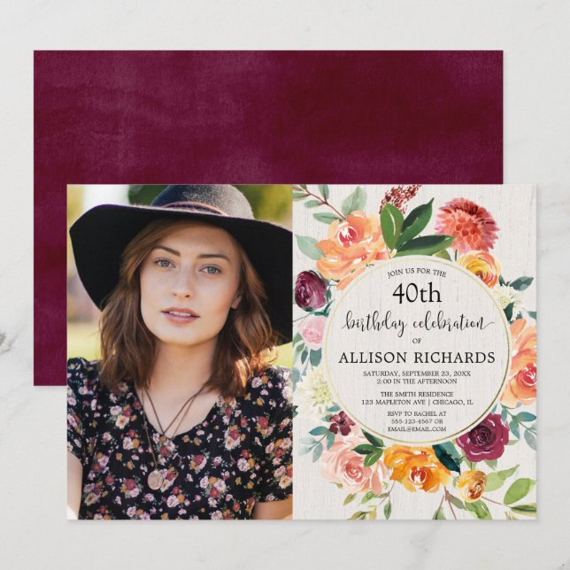 Fall floral rustic birthday, adult any age photo invitation (Front/Back)