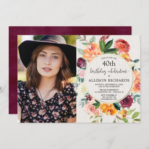 Fall floral rustic birthday adult any age photo invitation