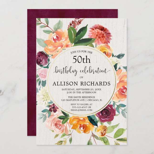 Fall floral rustic birthday party, adult any age invitation (Front/Back)