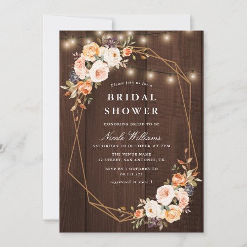 fall floral rustic string lights bridal shower invitation