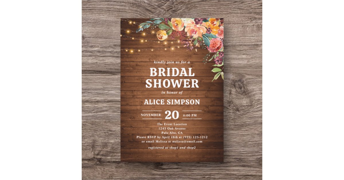 Fall Floral Rustic Wood Bridal Shower Invitatio Invitation | Zazzle