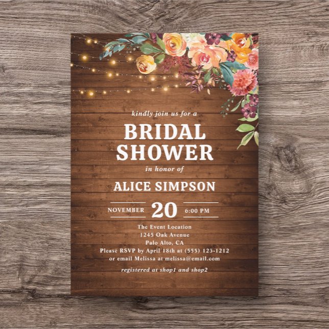 Fall Floral Rustic Wood Bridal Shower Invitatio Invitation (Creator Uploaded)
