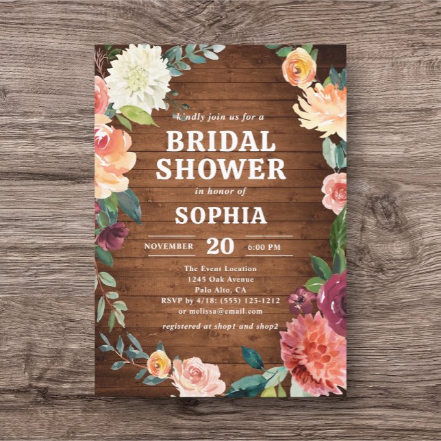 Fall Floral Rustic Wood Bridal Shower Invitatio Invitation (Creator Uploaded)