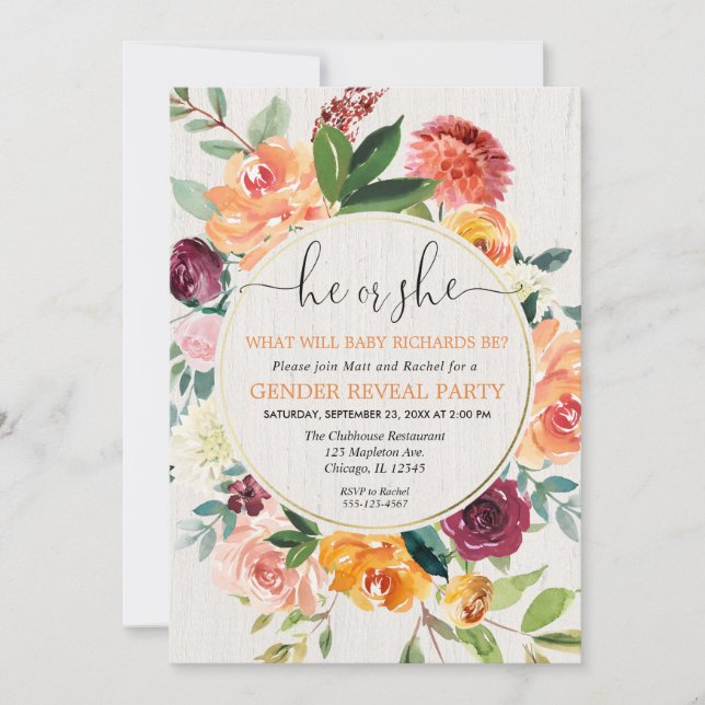 Fall floral rustic wreath gender reveal invitation (Front)