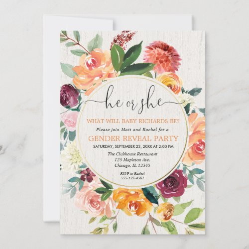 Fall floral rustic wreath gender reveal invitation
