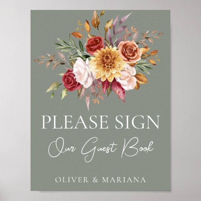 Fall Floral Sage Green Wedding Guest Book Sign (Front)