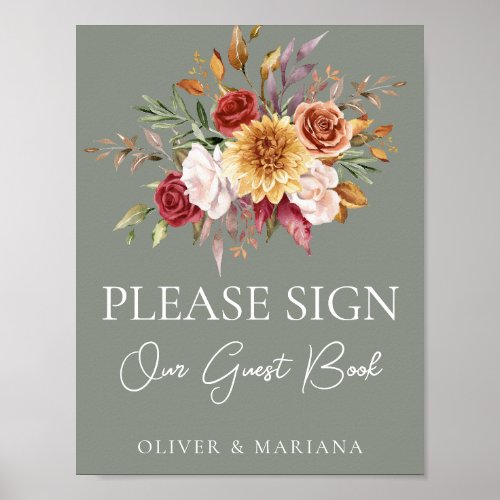 Fall Floral Sage Green Wedding Guest Book Sign
