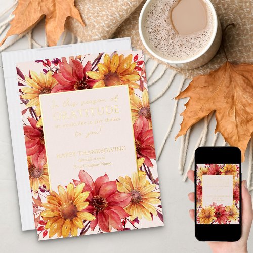 Fall Floral Season of Gratitude Thanksgiving Gold Foil Holiday Card