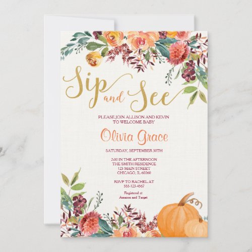 Fall floral sip and see meet and greet baby shower invitation