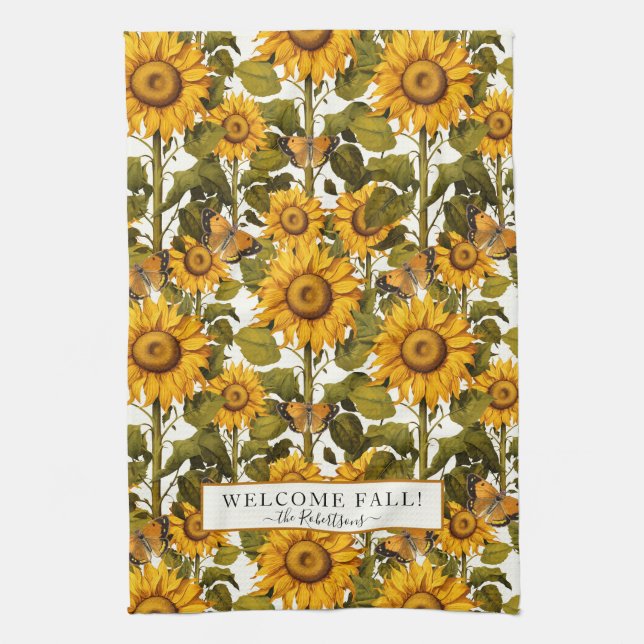 Fall Floral Sunflower Flower Butterfly Off White Kitchen Towel (Vertical)