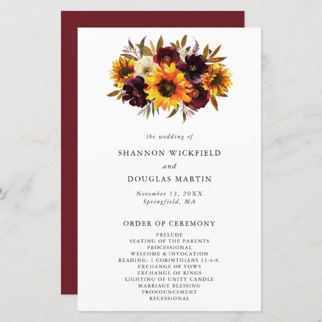 Fall Floral Sunflower Rustic Wedding Program (Front/Back)