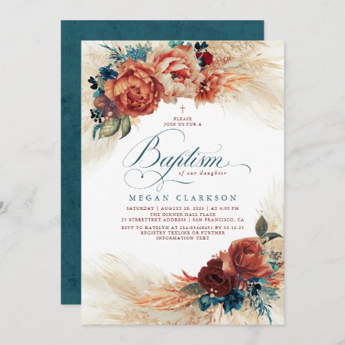 Fall Floral Teal Blue and Terracotta Fall Baptism Invitation