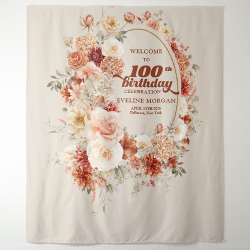 Fall floral terracotta blush groovy 100th birthday tapestry