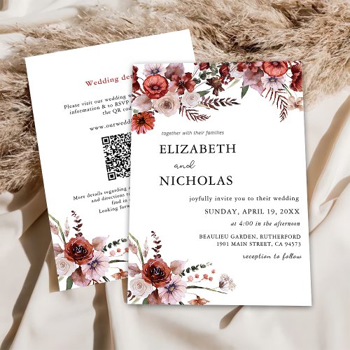 Fall  Floral Terracotta QR Code 2 in 1 Wedding Invitation