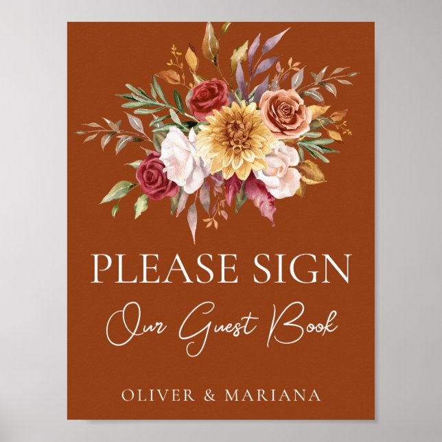 Fall Floral Terracotta Wedding Guest Book Sign (Front)
