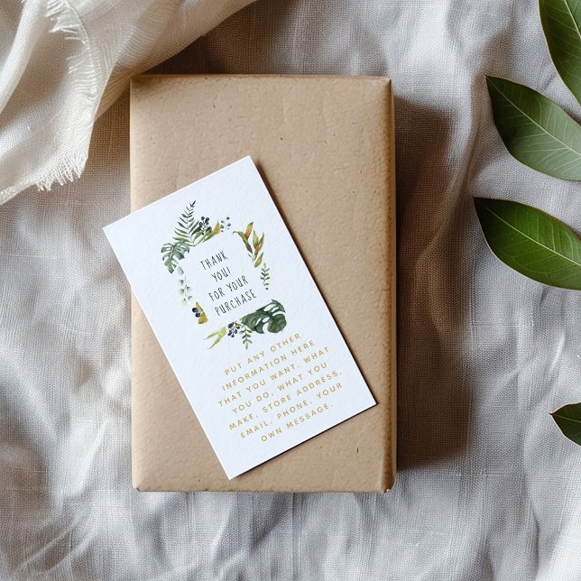Fall Floral Thank You and Care Autumn Enclosure Card (Botanical thank-you card with watercolor green leaves on white, placed on a kraft-wrapped gift)